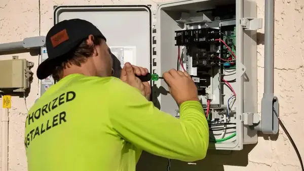 Technician in high-visibility shirt working inside an outdoor electrical enclosure