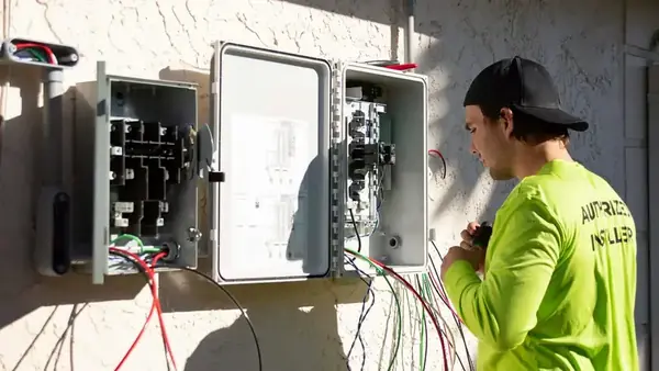 Installer examining wiring and breakers inside a wall-mounted electrical control panel