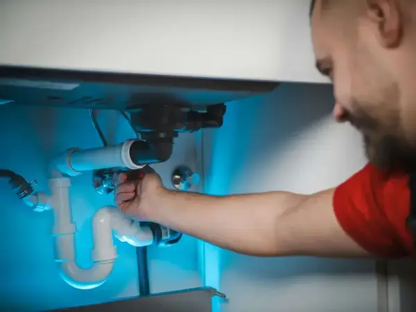 Plumber repairing under-sink pipes in a bathroom cabinet
