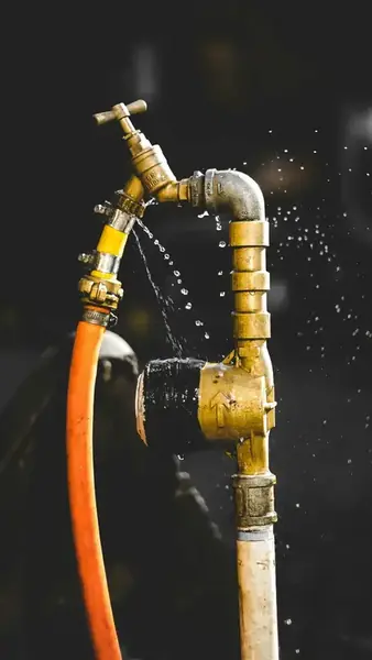 Water spraying from a leaking outdoor brass tap and pipe joint